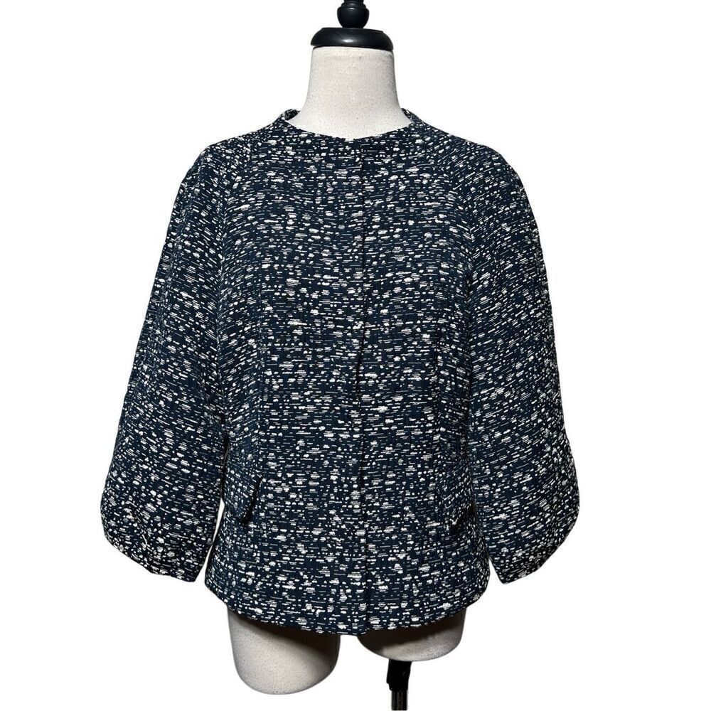 Badgley Mischka Wide Sleeve Moc Turtleneck Blazer Blue Geometric Print Size 10